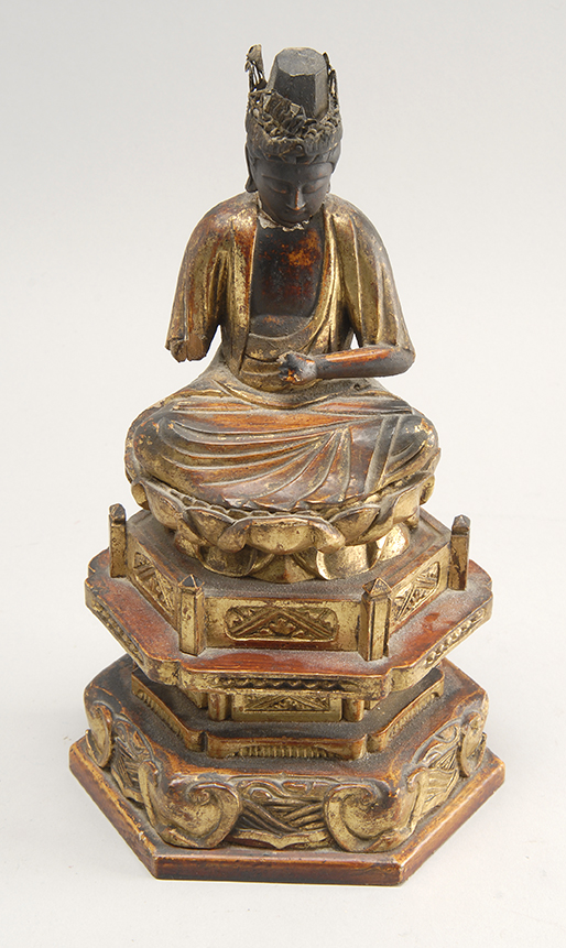 Appraisal: GILT-LACQUERED WOOD BUDDHA Edo PeriodSeated on a lotus throne on