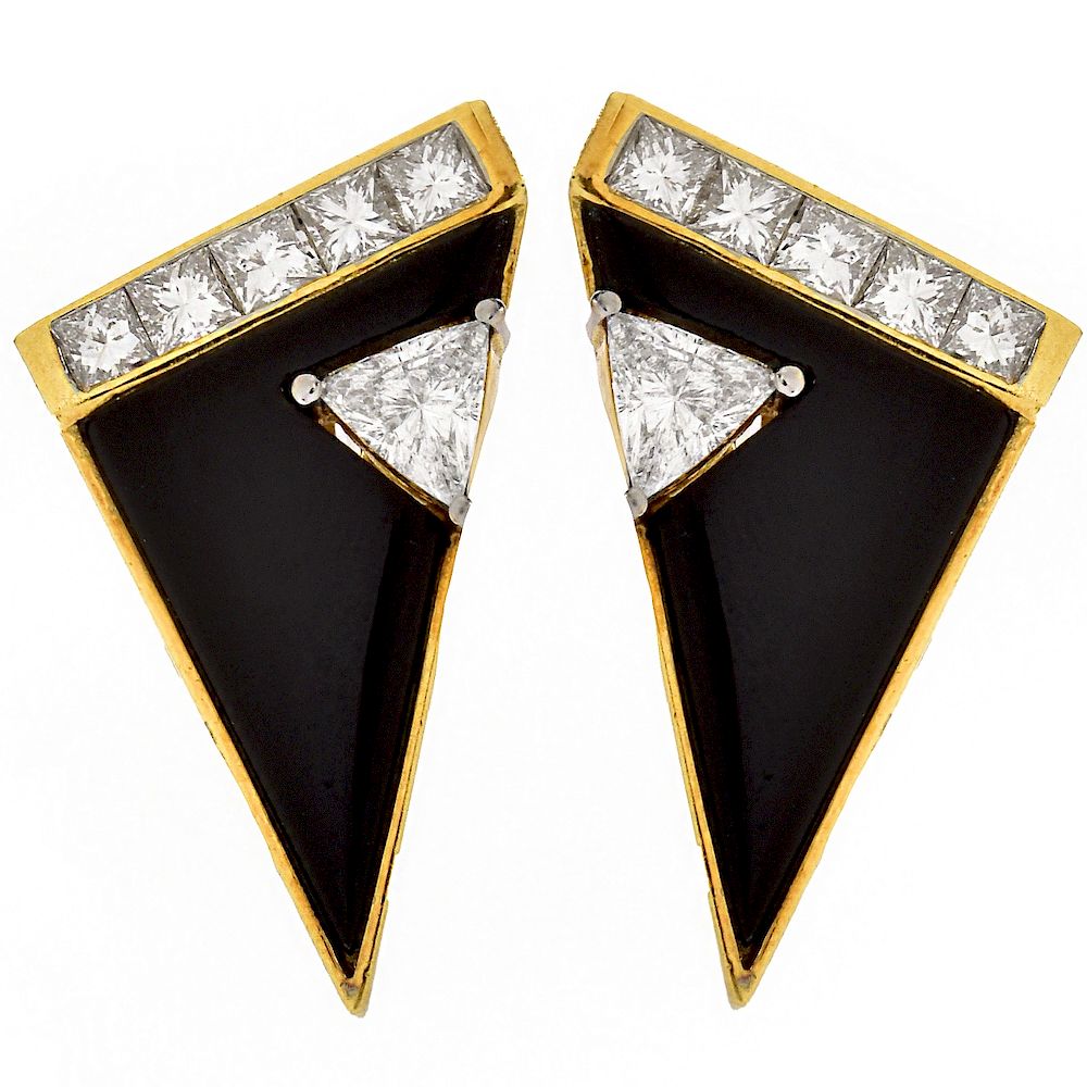 Appraisal: Diamond Onyx and K Gold Earrings Vintage Approx Carat TW