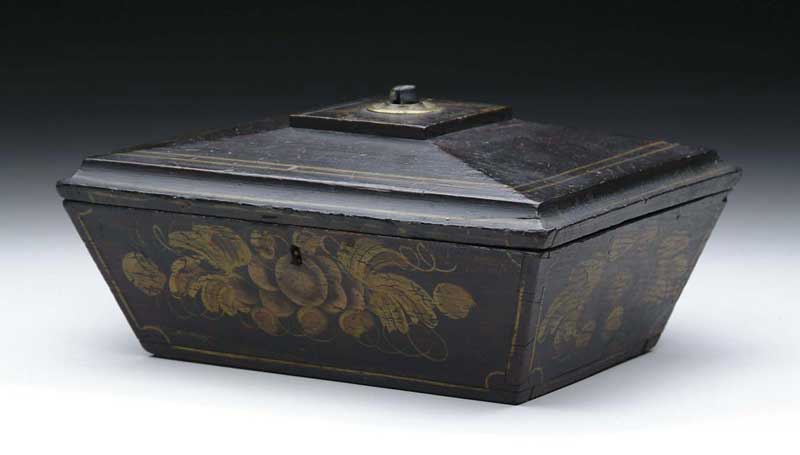 Appraisal: ROSEWOOD GRAIN PAINTED SARCOPHAGUS FORMED BOX Maine hinge top box