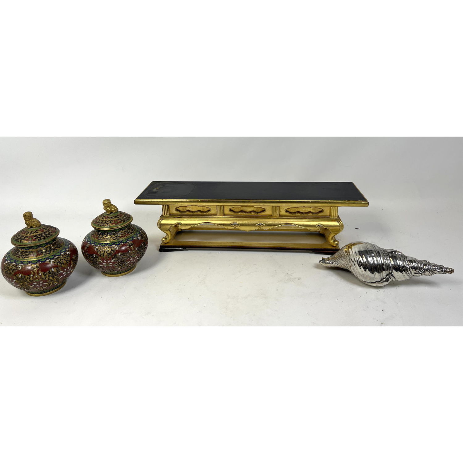 Appraisal: pc Decorative Arts Lot Silver covered real shell Pr Cloisonne