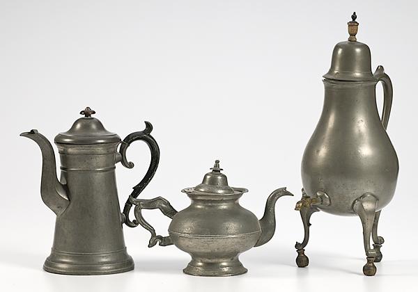 Appraisal: AMERICAN PEWTER th century Lot of three includes Coffeepot marked