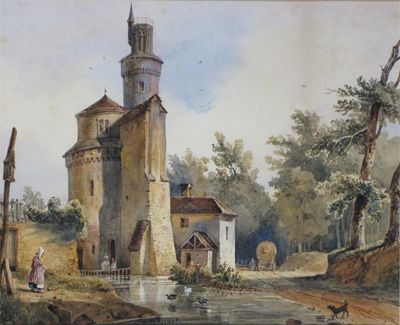 Appraisal: Francois Antoine Bossuet - Figures by a stream and tower