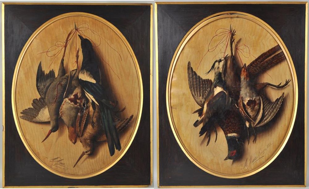 Appraisal: Pair Italian O C Paintings Hanging Game signed M Meucci