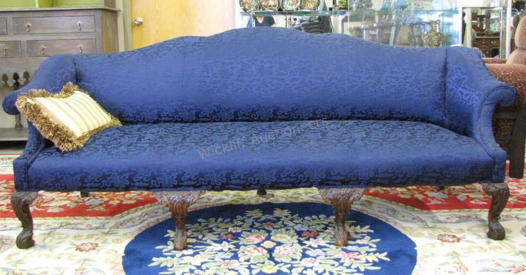 Appraisal: A Chinese-Chippendale style upholstered sofa single cushion blue tone-on-tone upholstery