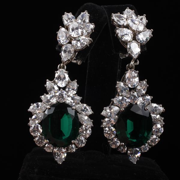 Appraisal: Sterling Silver Drop Chandelier Clip Earrings with Emerald Green Crystal