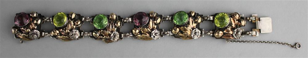 Appraisal: HOBE STERLING BRACELET WITH CITRINE GREEN AND PURPLE RHINESTONES signed