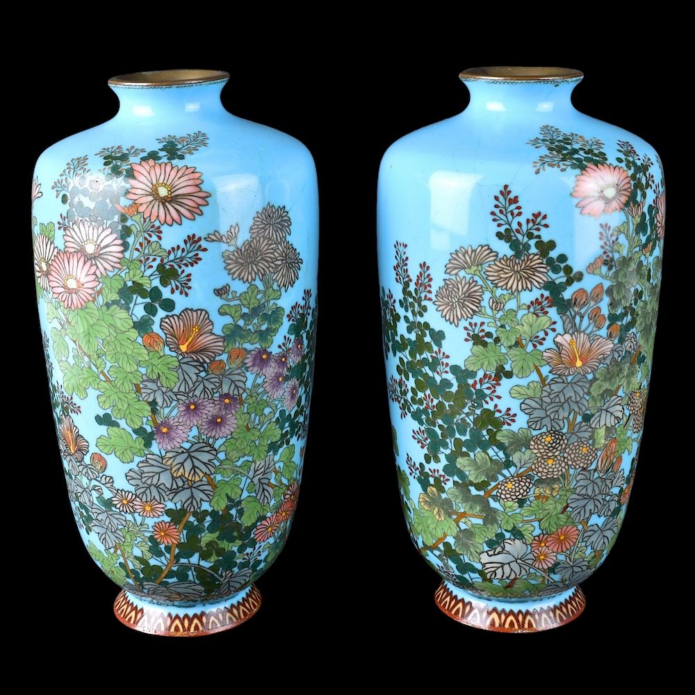 Appraisal: Japanese Cloisonne Vases Pair of Japanese Cloisonne Enamel Vases Flower