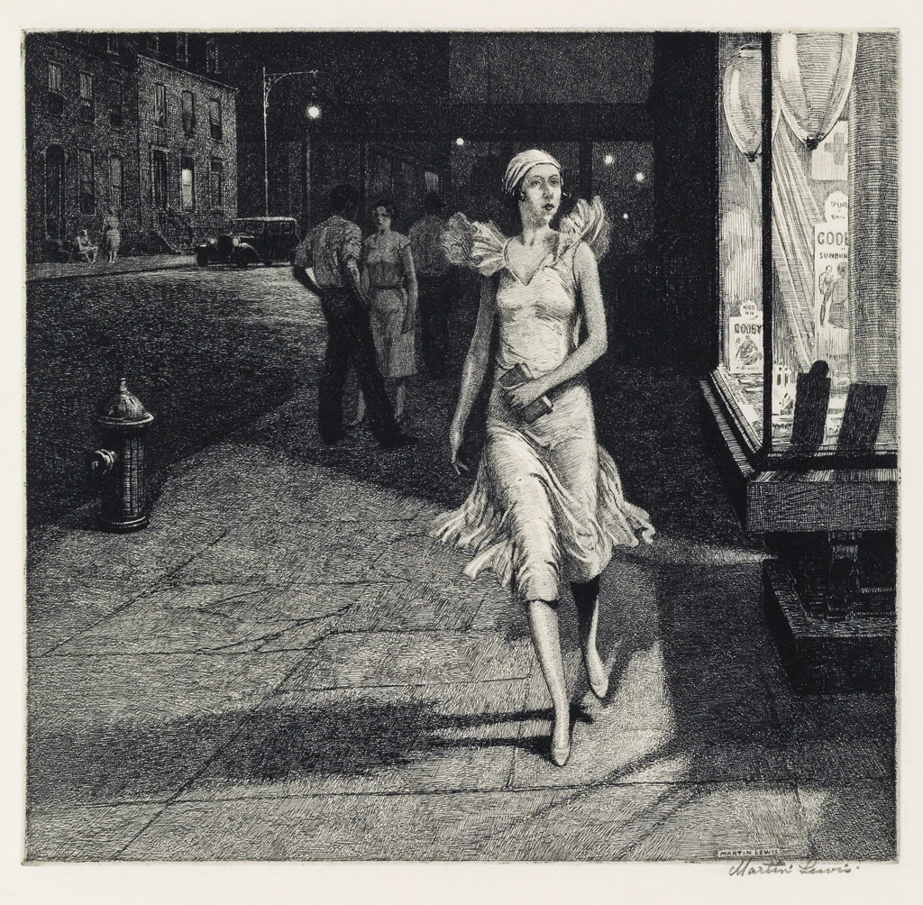 Appraisal: MARTIN LEWIS Night in New York Etching x mm x