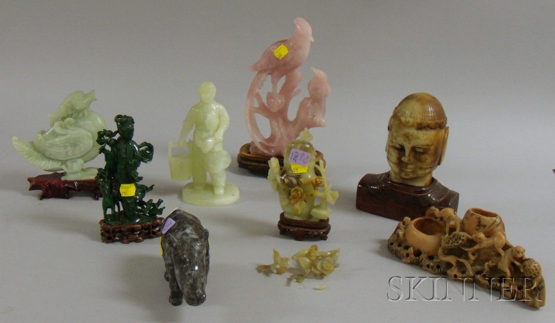 Appraisal: Eight Asian Carved Jade and Hardstone Figurals a jade head