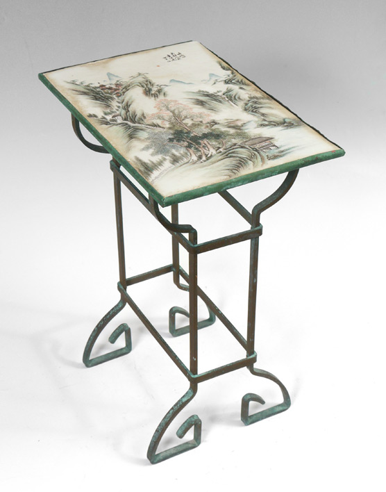 Appraisal: CHINESE FAMILLE VERTE PORCELAIN TOP TABLE Mountainous landscape with buildings