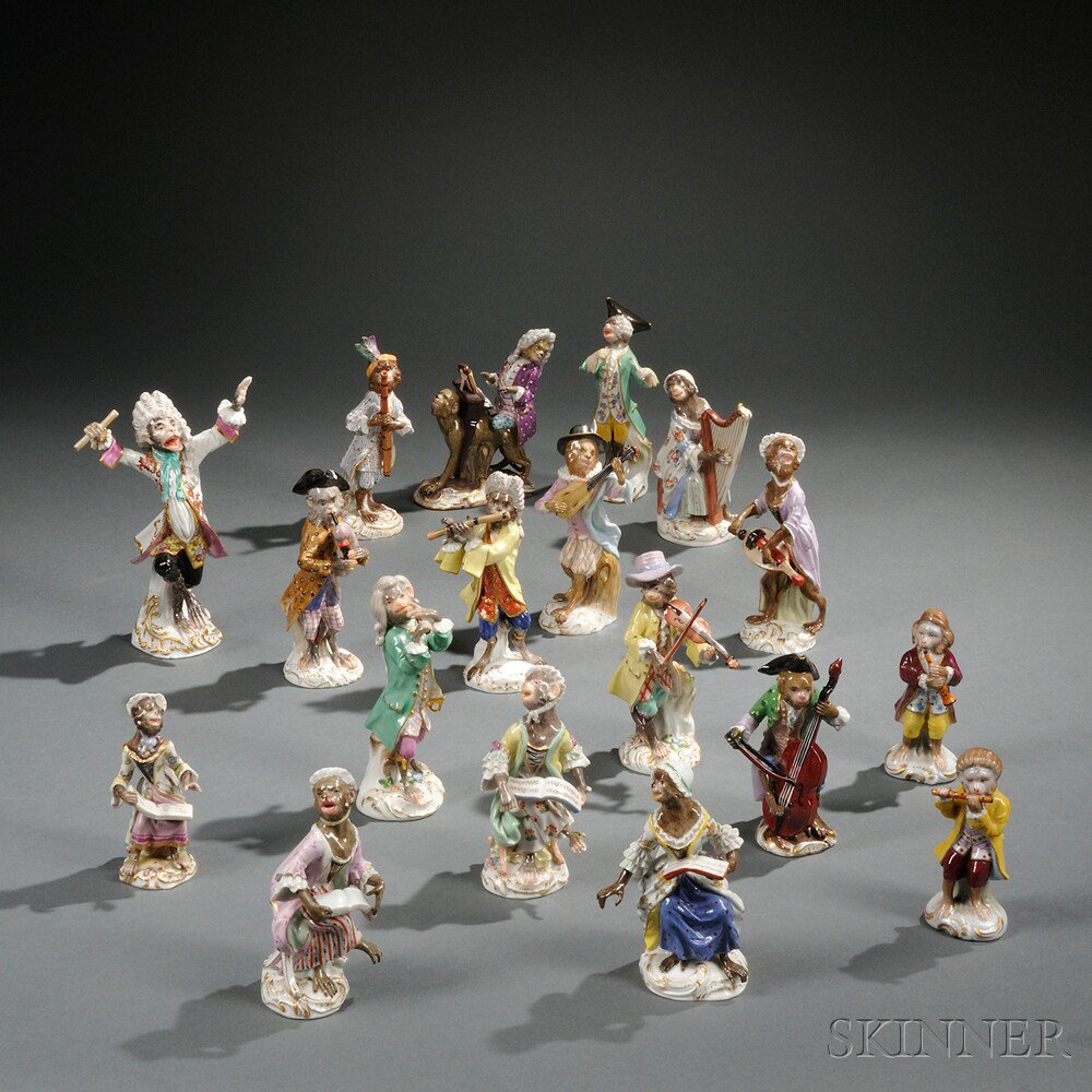 Appraisal: Fourteen Assembled Meissen Porcelain Monkey Band Figures Saxony th and