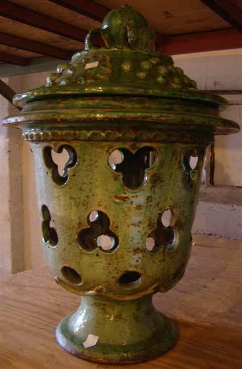 Appraisal: SMALL FRENCH ANDUZE GREEN GLAZED COVERED URN ''LUMINAIRE'' with pierced