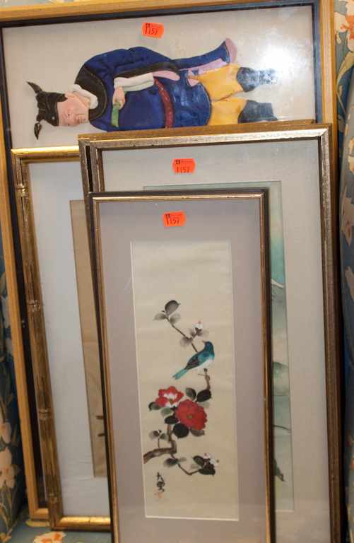 Appraisal: Japanese material figural group set in shadowbox frame woodblock prints