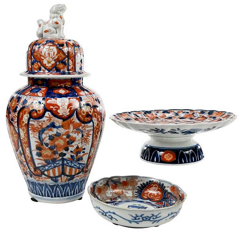 Appraisal: Three Finely Decorated Imari Table Objects probably th th lidded