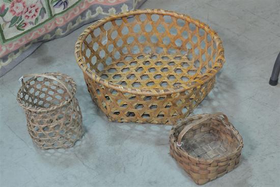 Appraisal: THREE BASKETS One large woven splint cheese basket with hexagonal