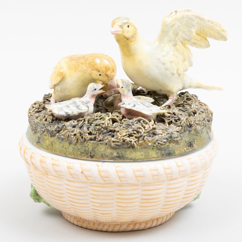 Appraisal: English Porcelain Nesting Birds Box and Cover in high Condition