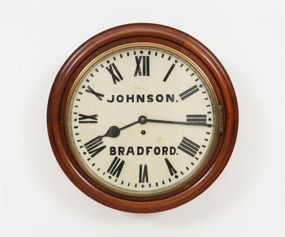 Appraisal: English mahogany cased pub clock Johnson Bradford with fusee movement