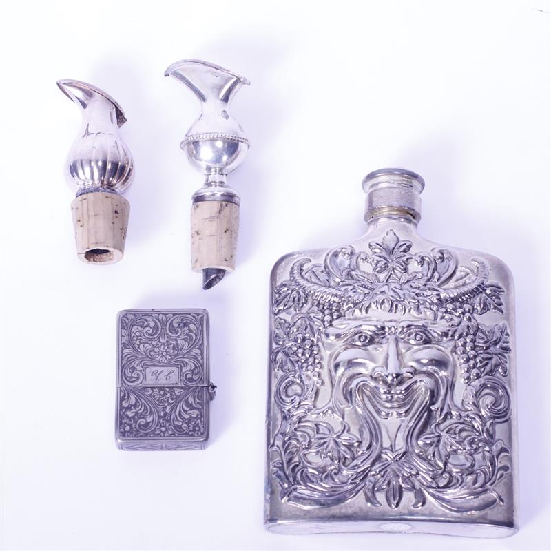 Appraisal: Lot of items Godinger Bacchus Silver Plated Flask sterling floral