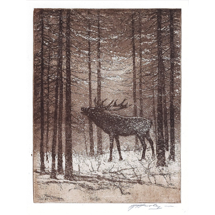 Appraisal: E T Hurley etching buck in a wooded winter setting