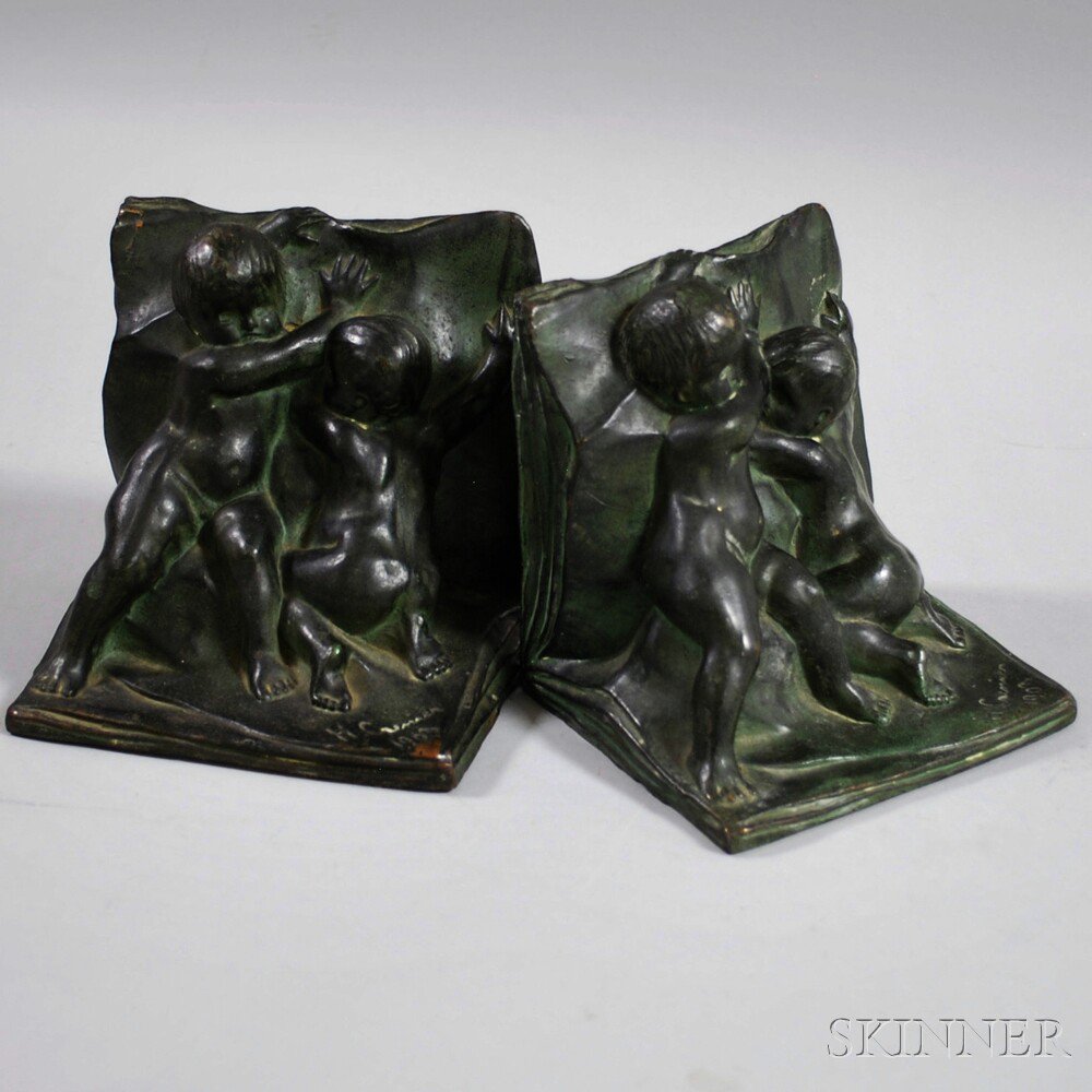 Appraisal: NAL Co Patinated Metal Figural Bookends early th century signed