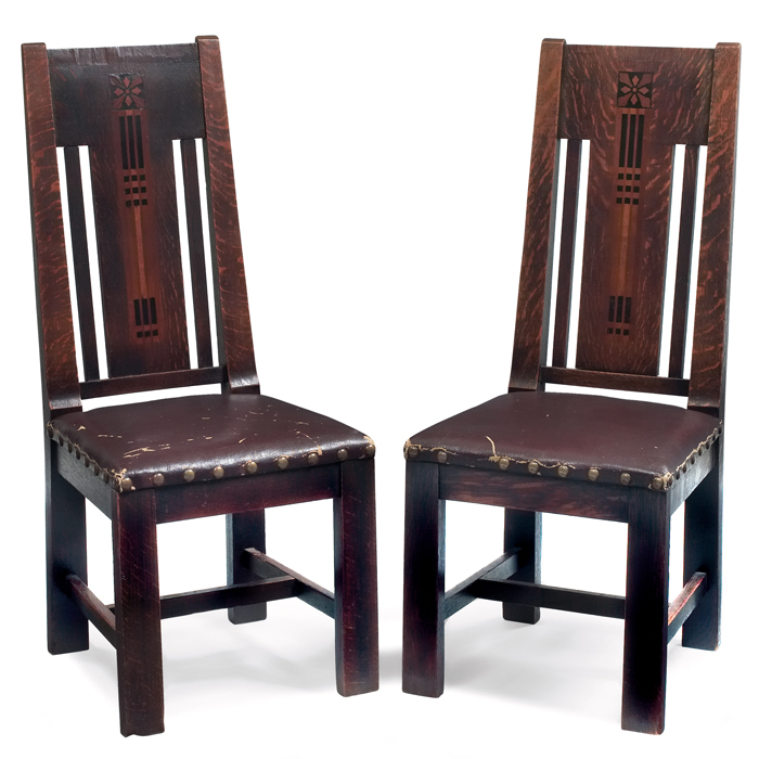 Appraisal: Shop of the Crafters side chairs pair inlaid stylized floral