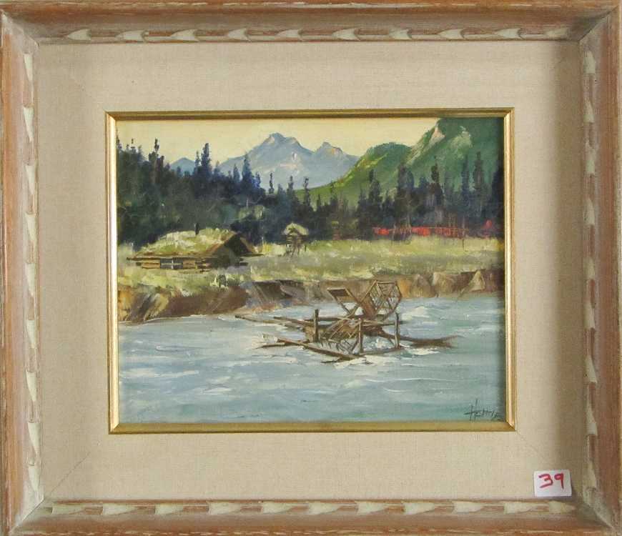 Appraisal: ELLEN HENNE GOODALE OIL ON BOARD Alaska - Fish wheel