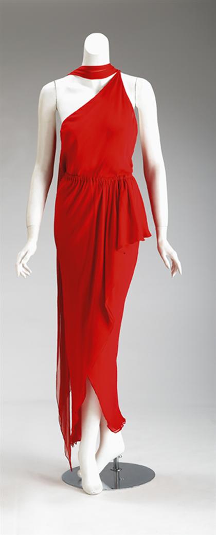 Appraisal: Halston red silk chiffon one-shoulder Grecian gown late s The