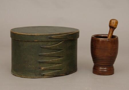 Appraisal: Blue-Stained Oval Bentwood Lidded Box together with a Wooden Ring