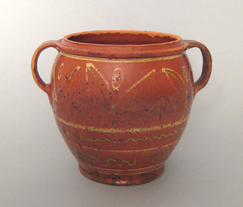 Appraisal: Pennsylvania redware two handled jar ca probably Moravaian with yellow