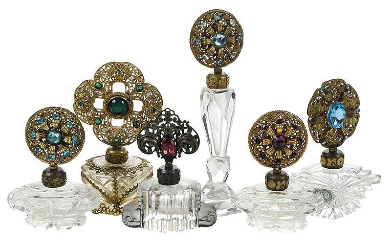 Appraisal: Six Perfumes with Gilt and Jeweled Stoppers probably Czech early