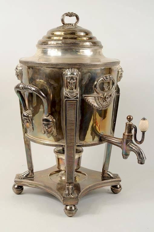 Appraisal: Sheffield Plated Egyptian Style Hot Water Urn Sheffield plated Egyptian