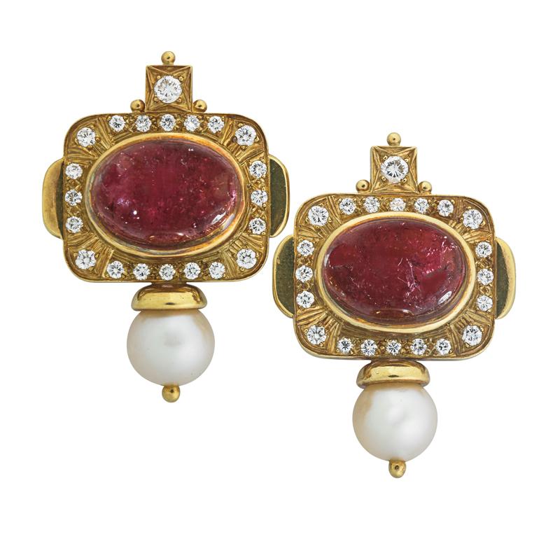 Appraisal: ELIZABETH GAGE RUBELLITE DIAMOND K EARRINGS Rubellite cabochons approx cts