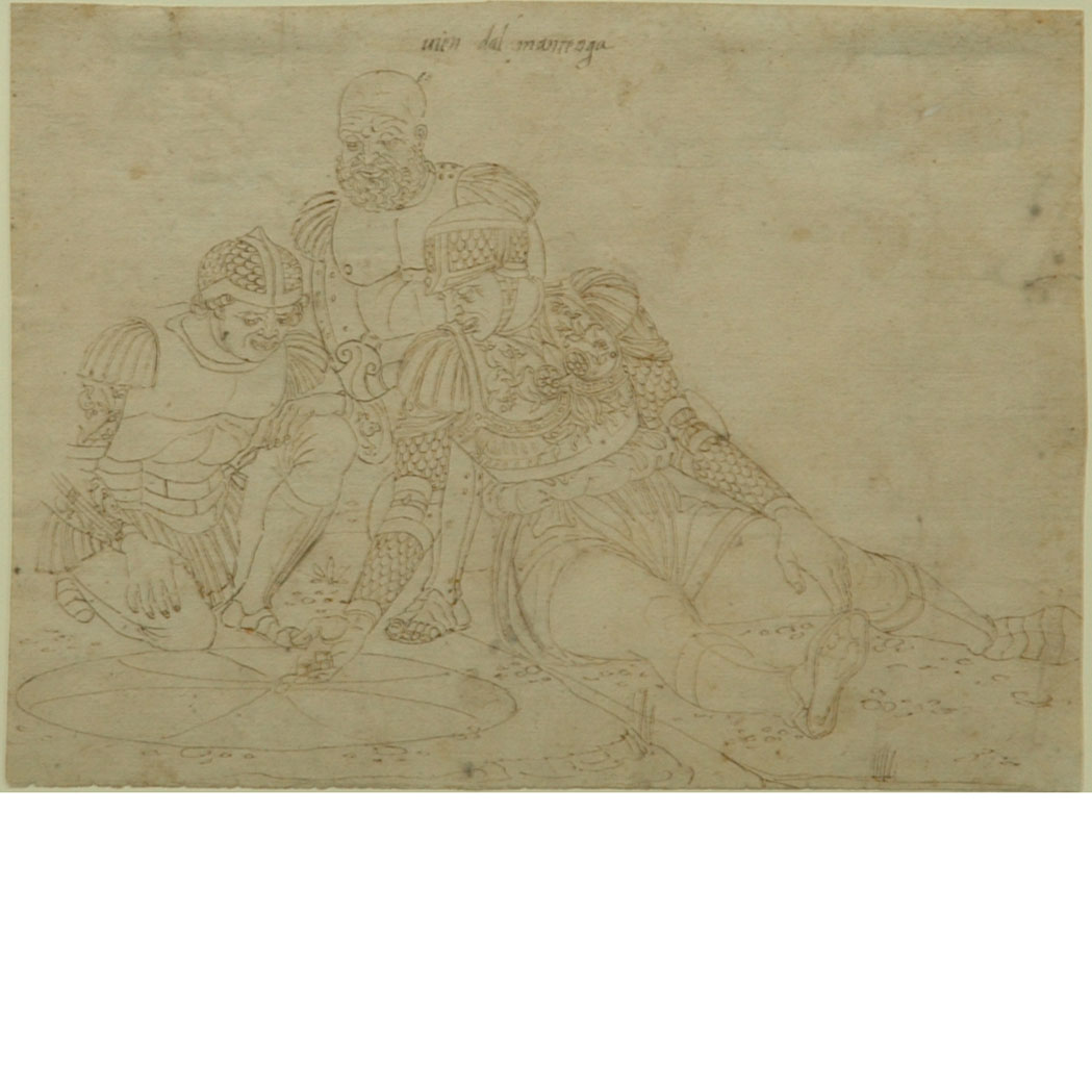 Appraisal: Follower of Andrea Mantegna Three Roman Soldiers Playing Dice Inscribed