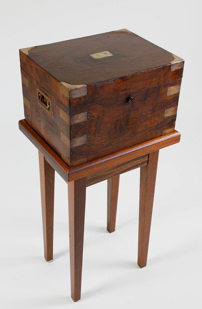 Appraisal: Brass Bound Mahogany Humidor on Contemporary Stand Brass Bound Mahogany