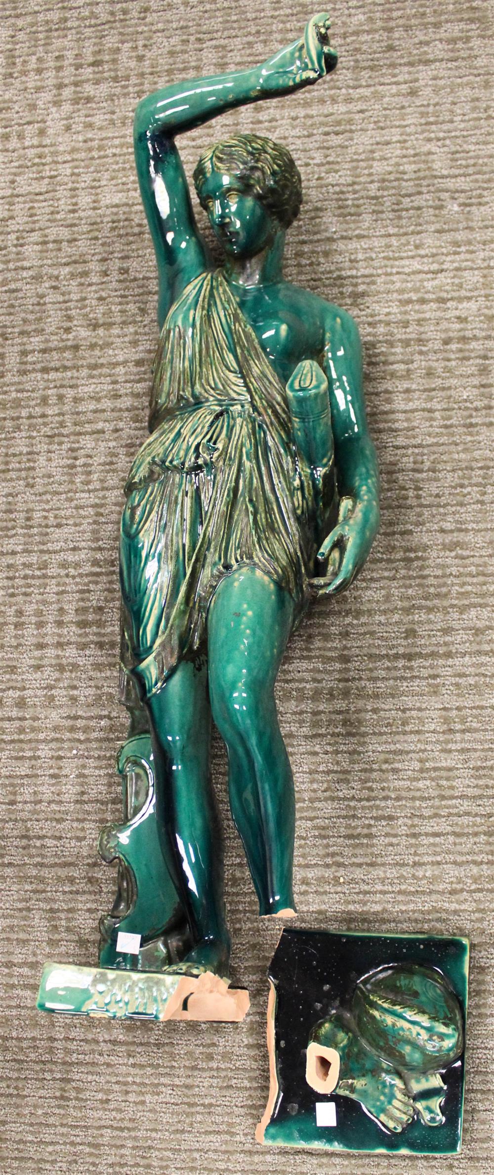 Appraisal: GREEN MAJOLICA FIGURE OF DIANA on a rectangular base h