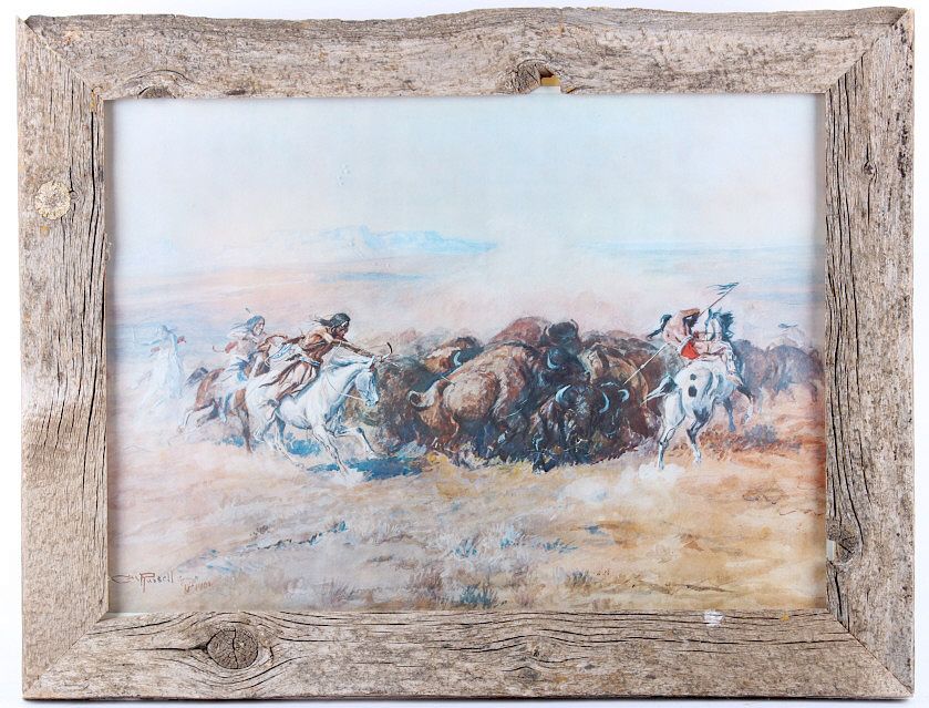 Appraisal: Mandan Buffalo Hunt Charles Russell Framed Print For your consideration