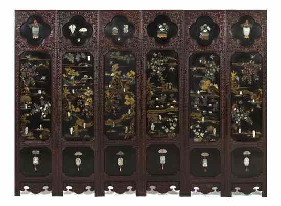 Appraisal: A Lacquer and Hardstone Screen Six-Panel Floor Screen each panel