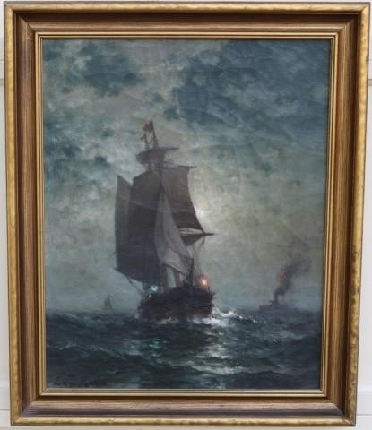 Appraisal: EDWARD MORAN - PENN NY PAINTINGTITLED SAILING AT NIGHT SIGNED