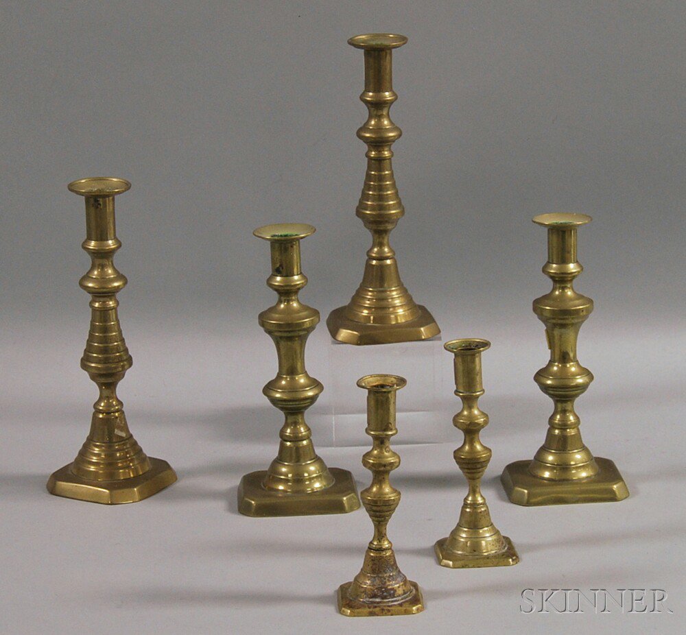 Appraisal: Three Pairs of Brass Candlesticks England early to mid- th