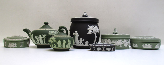 Appraisal: SEVEN WEDGWOOD JASPERWARE PIECES some having white classical figures on