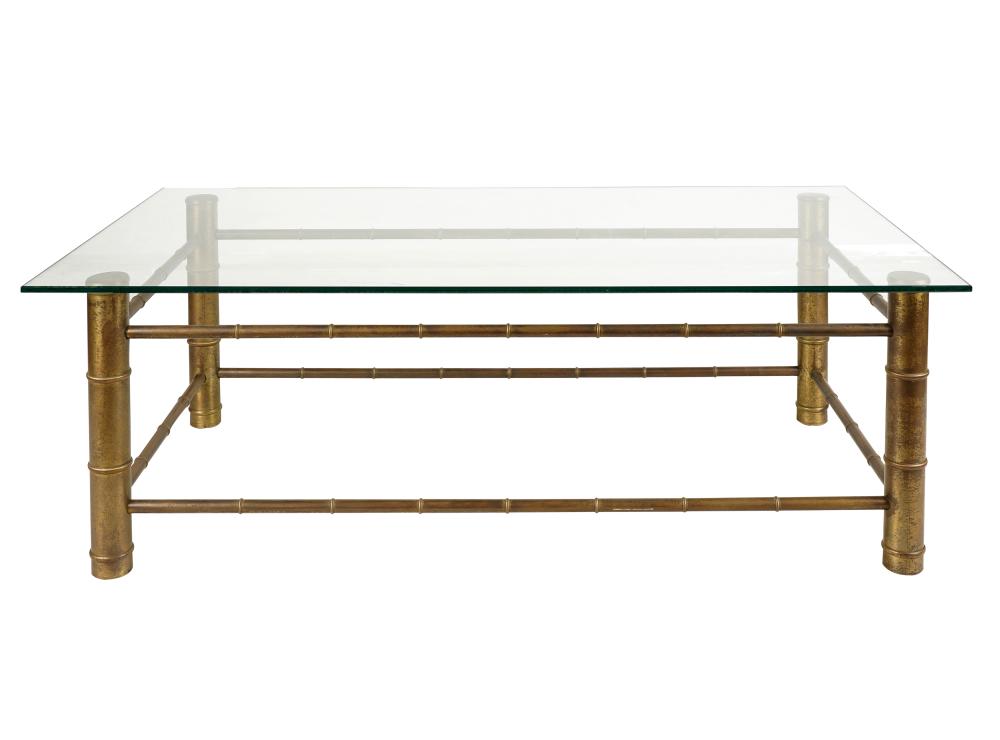 Appraisal: FAUX BAMBOO BRASS TINTED GLASS COFFEE TABLEin the style of