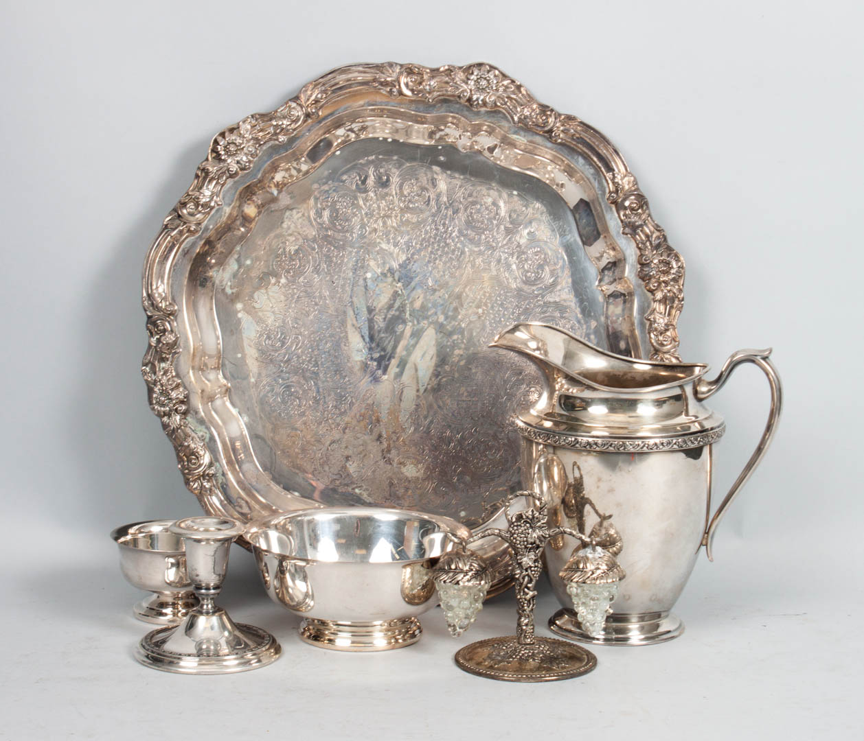 Appraisal: Assorted silver-plated table articles including trays pitchers covered vegetable dish