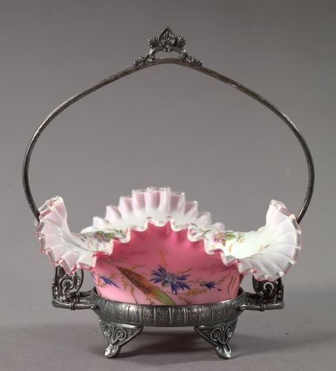 Appraisal: English Polychrome-Enameled Pink Satin Glass Bride's Bowl late th century