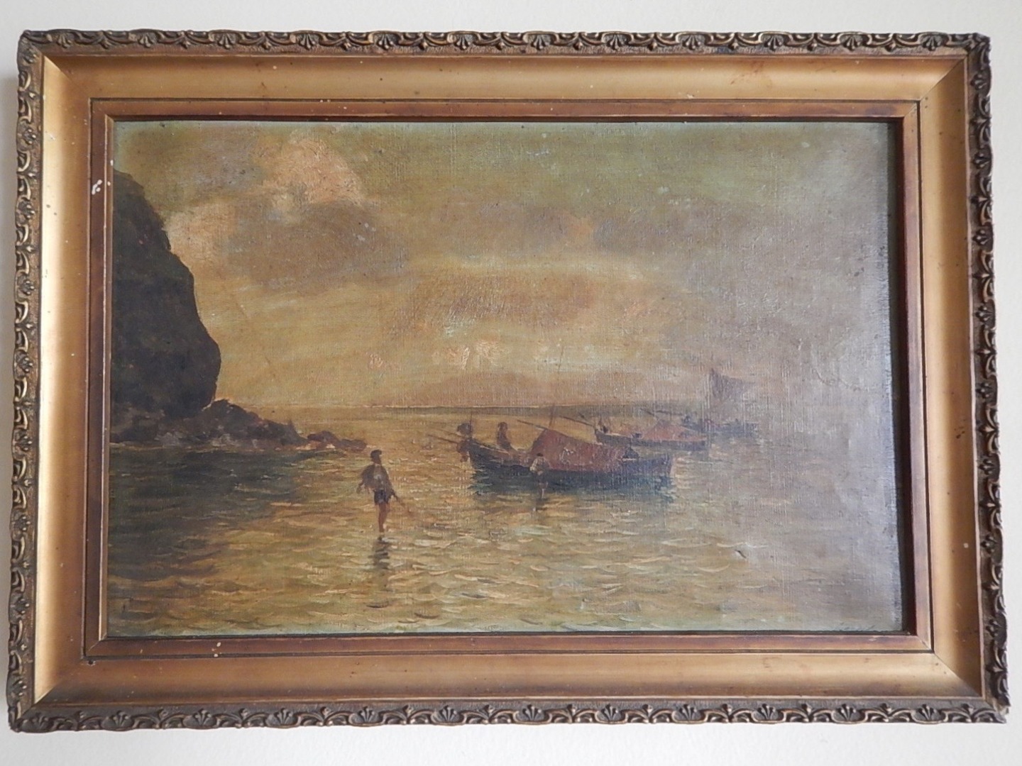 Appraisal: thC English School Figures and boats in a sheltered cove