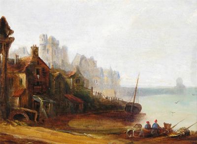 Appraisal: English School th Century Fishermen in a bay a castle