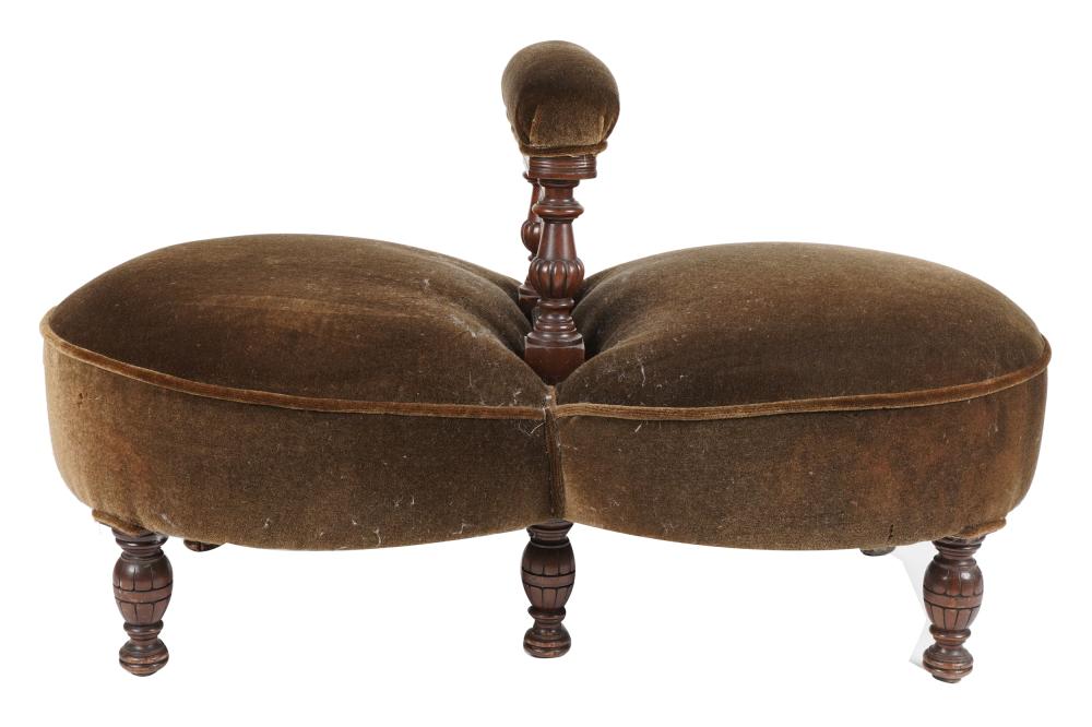 Appraisal: CARVED OAK TETE A TETEcovered in brown velvet Condition with