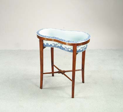 Appraisal: CHINESE BLUE AND WHITE PORCELAIN BIDET ON WOOD STAND Of