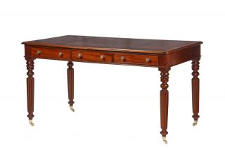 Appraisal: LEATHER TOP LIBRARY TABLE Edwardian Table in figured mahogany with