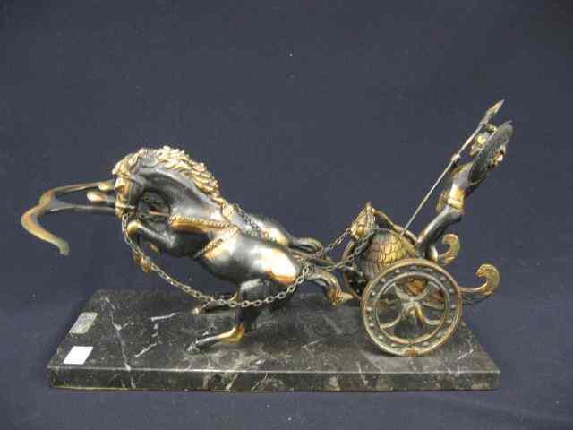 Appraisal: Greek Bronze Chariot Figurine with soldier riding black marble base