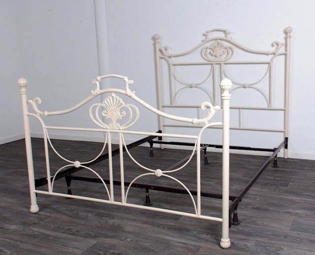 Appraisal: Shabby Chic White Metal Bed Distressed antique white metal headboard